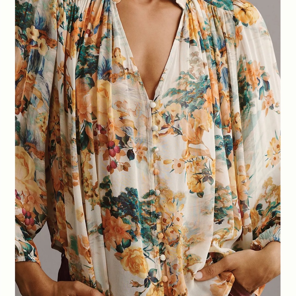 Anthropologie Sheer Floral Button-Front Blouse in Cream, Teal, and Mustard